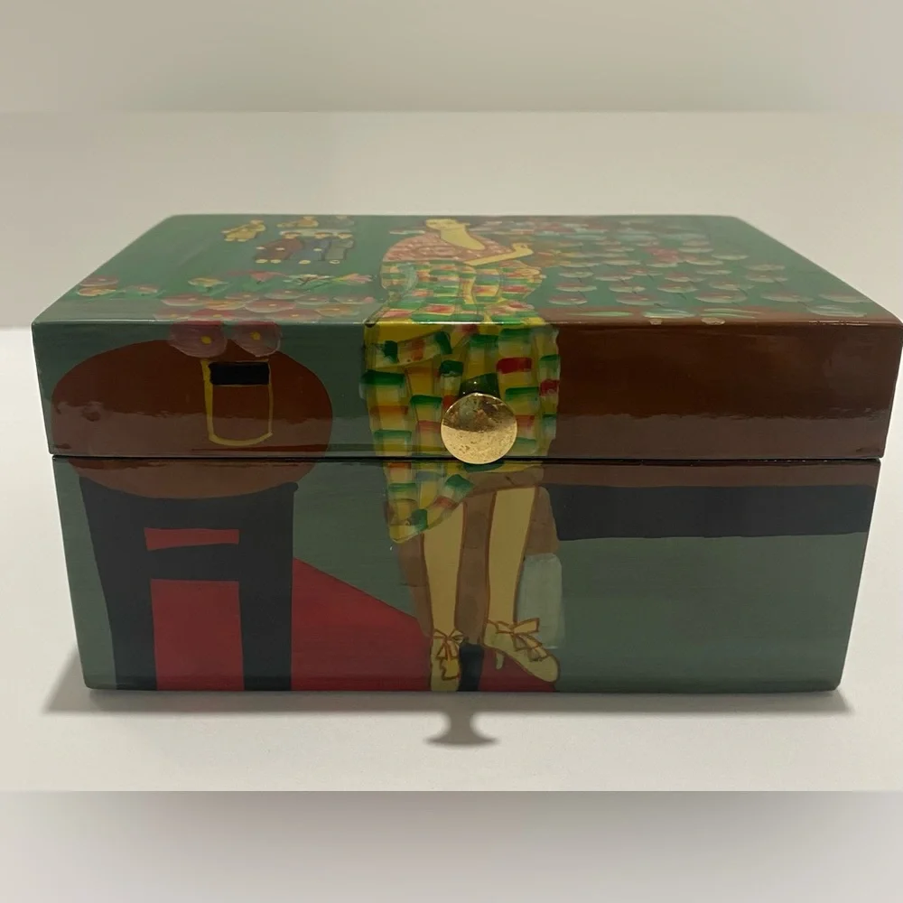 Asian Hand-Painted Lacquer Wood Box Jewelry Japanese Chinese Oriental Hinge Lid